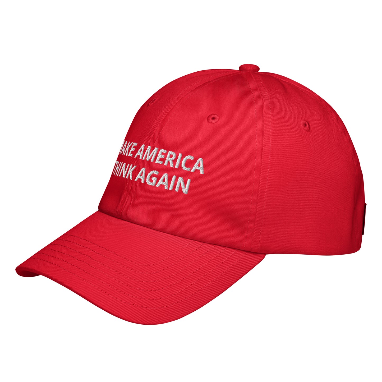 Deluxe Make America Think Again hat with a reminder to never be dumb