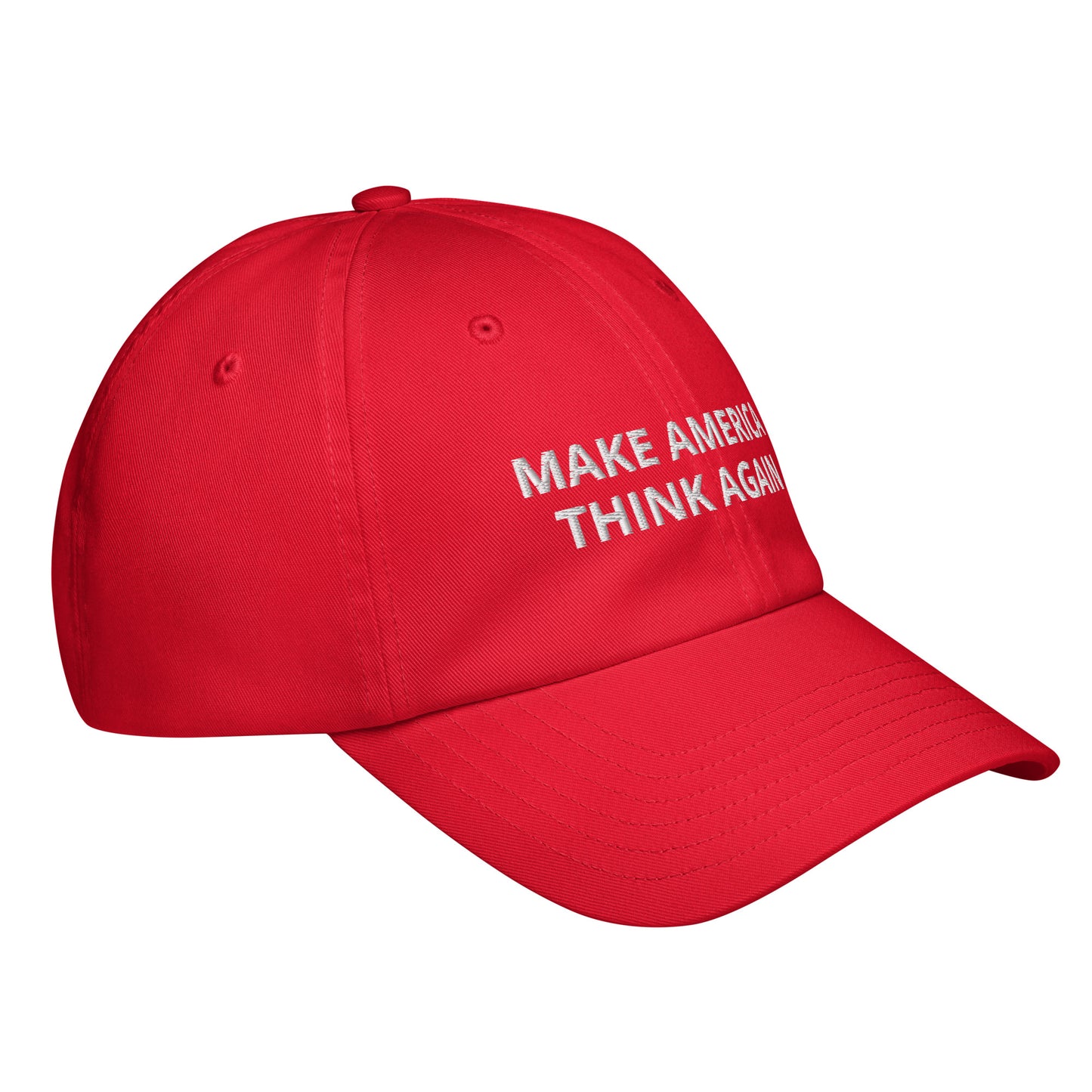 Deluxe Make America Think Again hat with a reminder to never be dumb